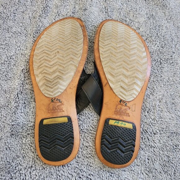 Sorel Lake Slide Womens Size 8.5 Black Leather Thong Sandal Flip Flops 16330 - Picture 7 of 9